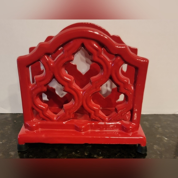 Red Enameled Cast Iron Napkin/ Letter Holder Country Style 5"×5.5"× 3 5" - Picture 1 of 8
